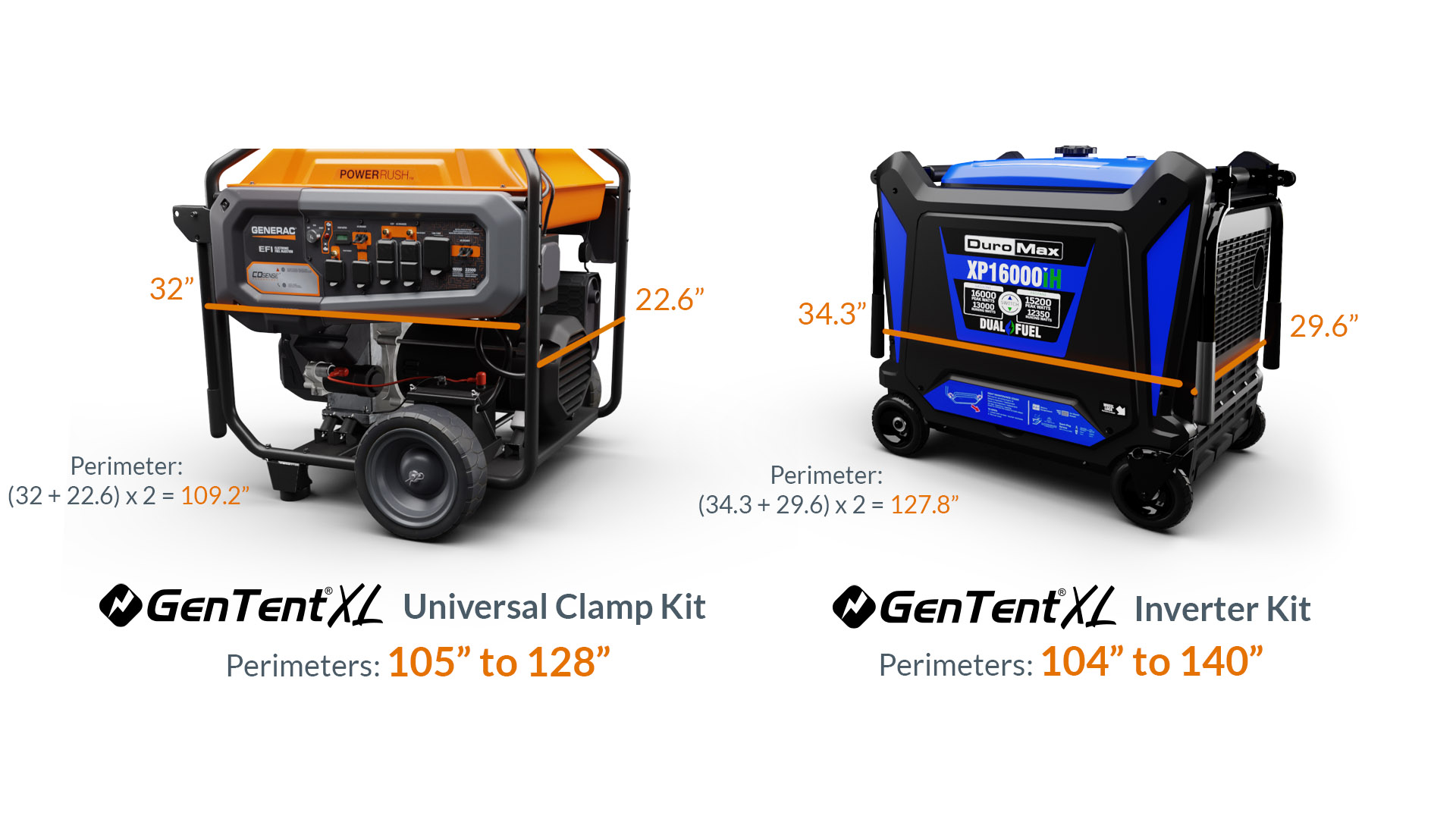 GenTent XL Universal Clamp and XL Inverter generator tent size chart for large portable generators