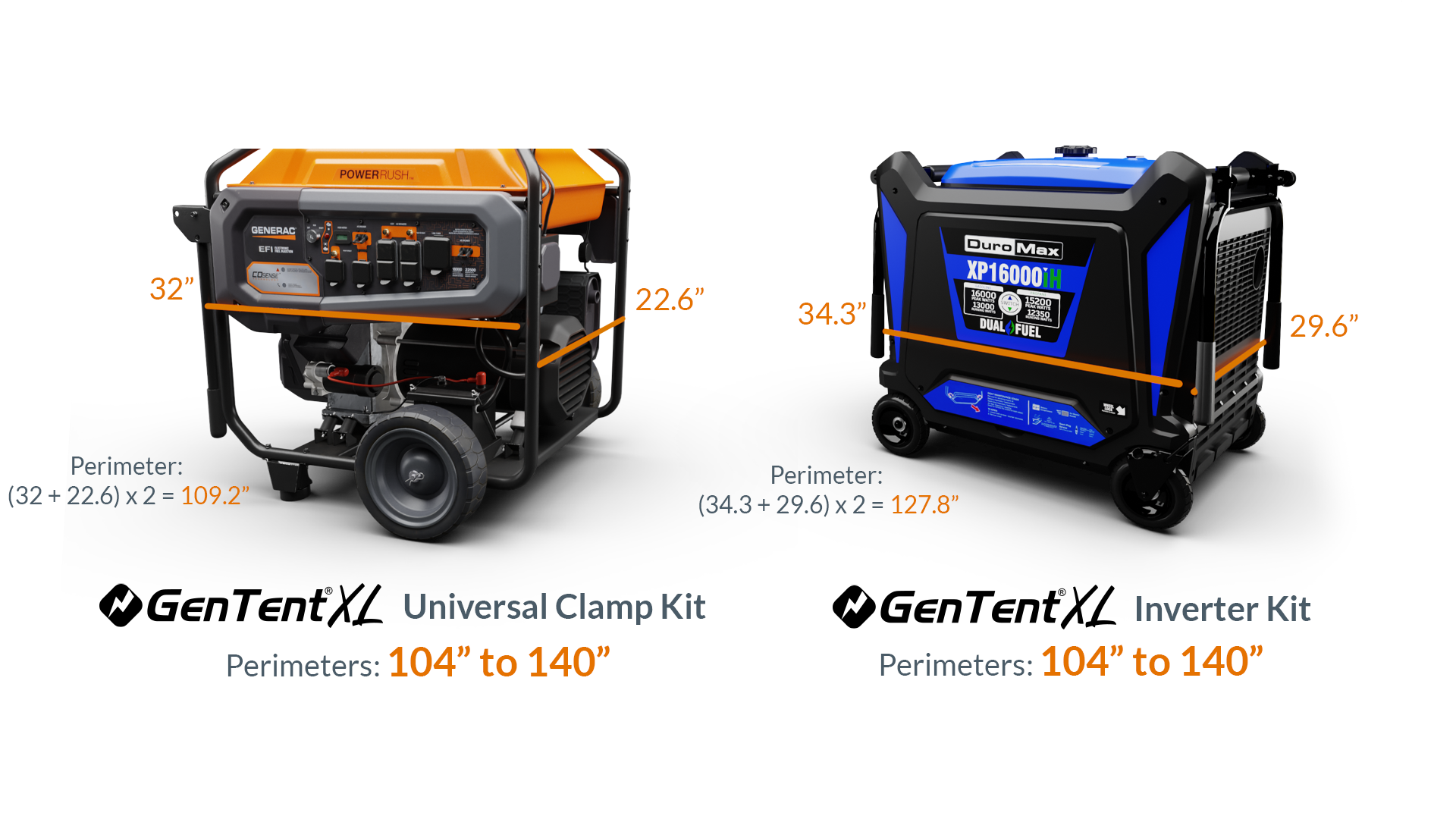 GenTent XL Universal Clamp and XL Inverter generator tent size chart for large portable generators