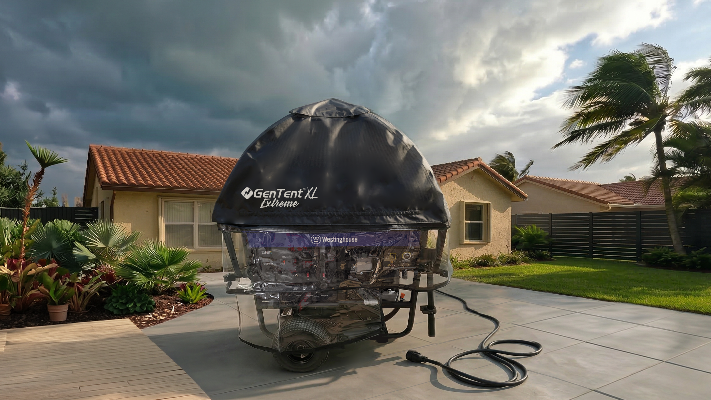 GenTent XL Universal Clamp protecting a Westinghouse WGen20000 portable generator running in severe weather