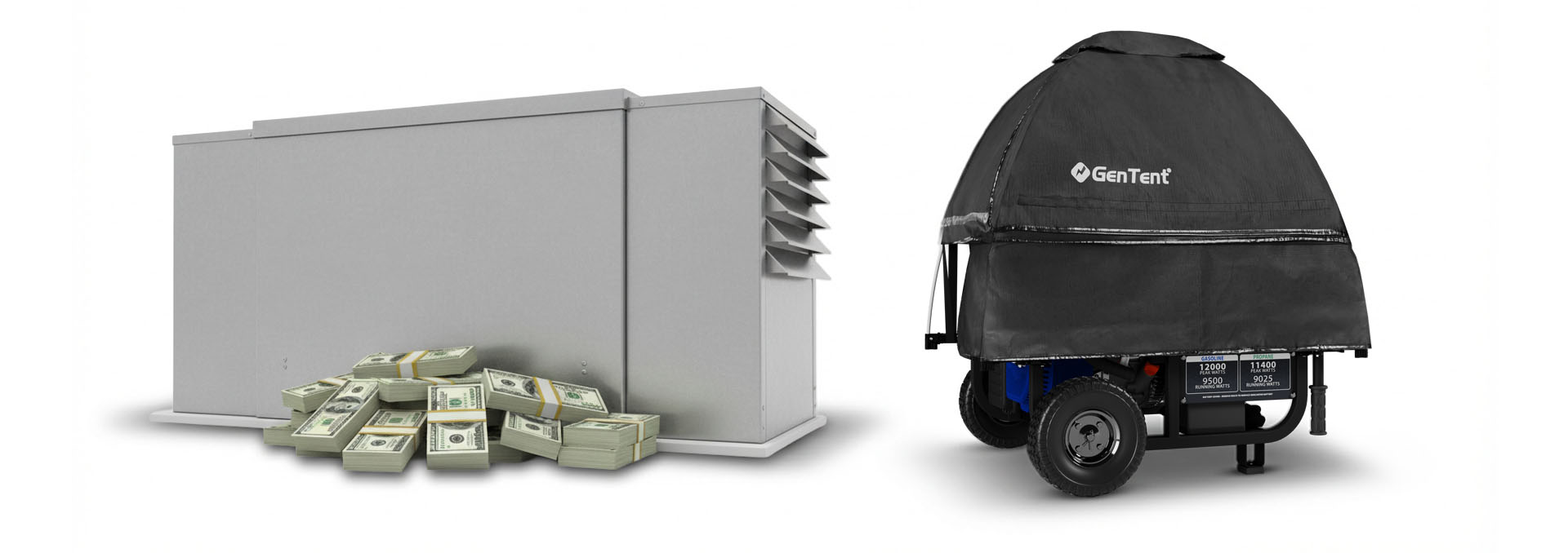 A steel generator enclosure with a pile of money nearby, beside a GenTent protecting a a DuroMax XP12000HX Portable Generator