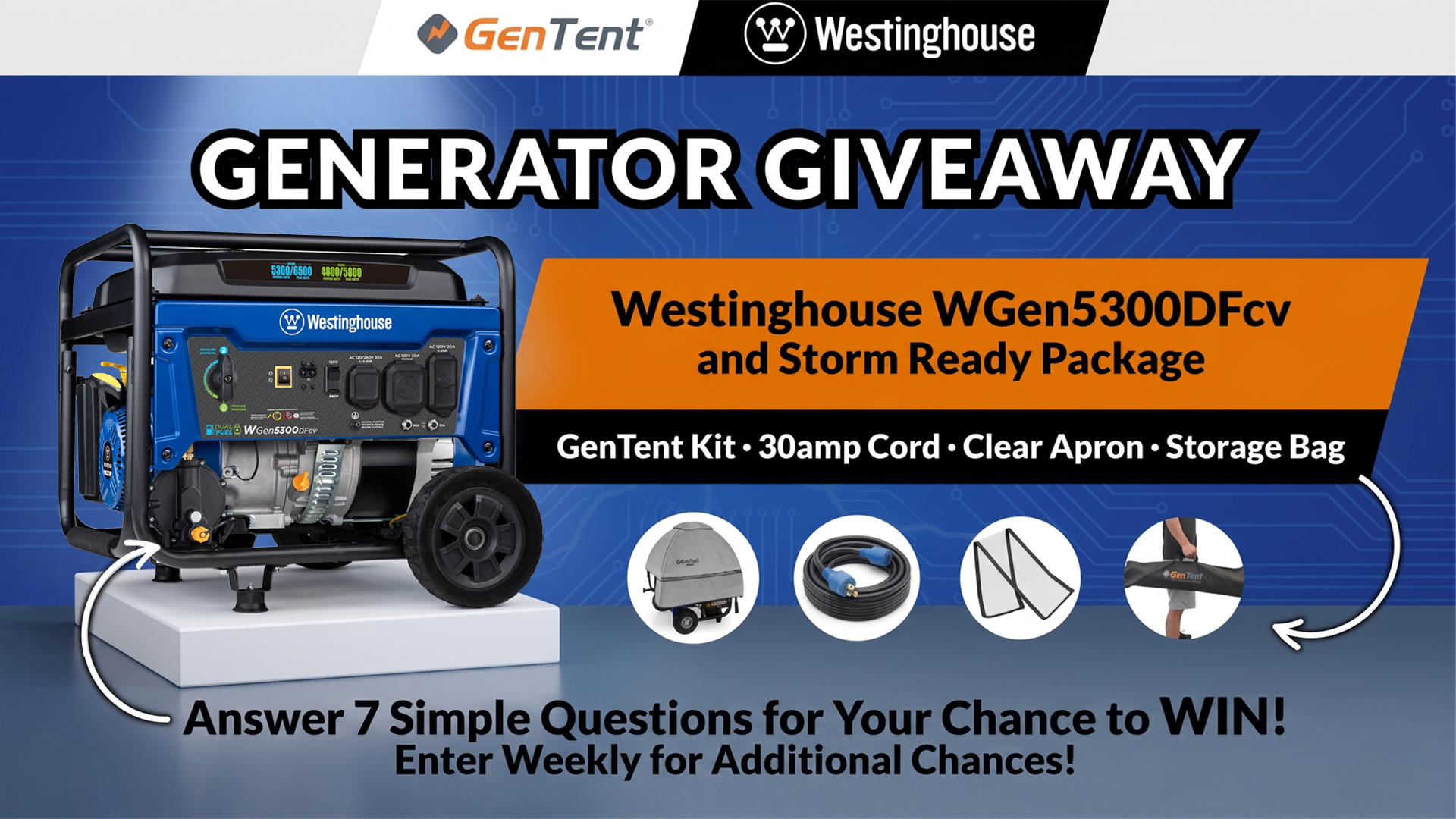 Westinghouse 6500W dual fuel generator giveaway with GenTent storm-ready generator safety setup