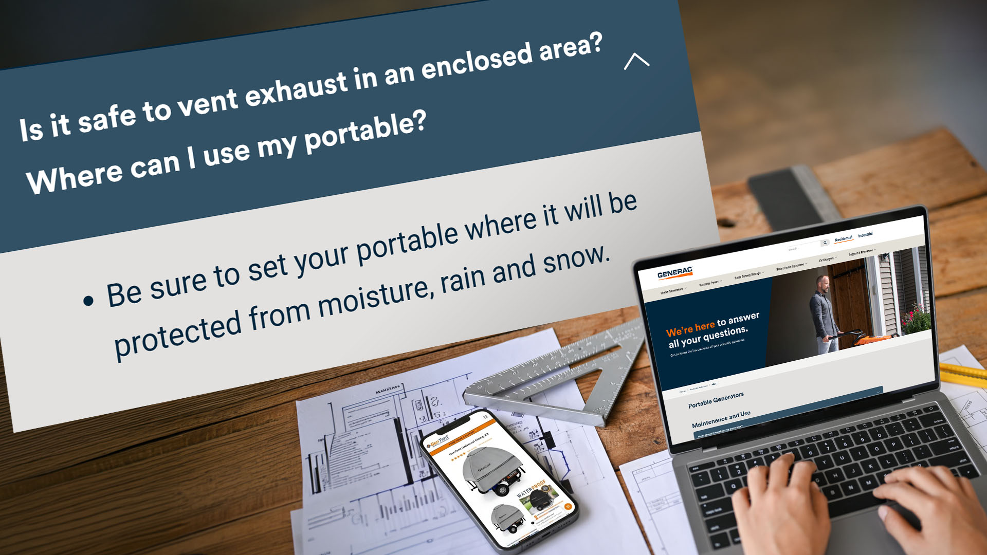 Generac Portable Generator FAQ guidance stating that portable generators should be protected from moisture, rain, and snow, and should never be run indoors, in a garage, or in an enclosed area because portable generators are designed to run outside with plenty of ventilation.