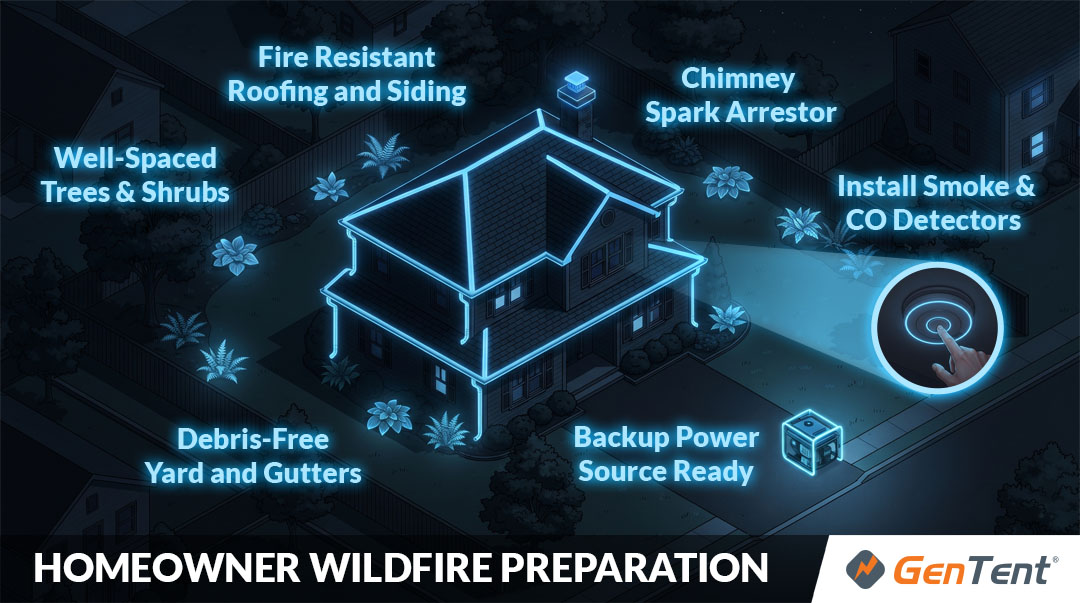 A GenTent branded graphic highlighting the steps homeowners can take to protect their home from wildfires, including maintaining well-spaced trees and shrugs, using fire resistant roofing and siding, installing a chimney spark arrestor, installing smoke and CO detectors, keeping a debris-free yard and gutters, and having a backup power source ready.