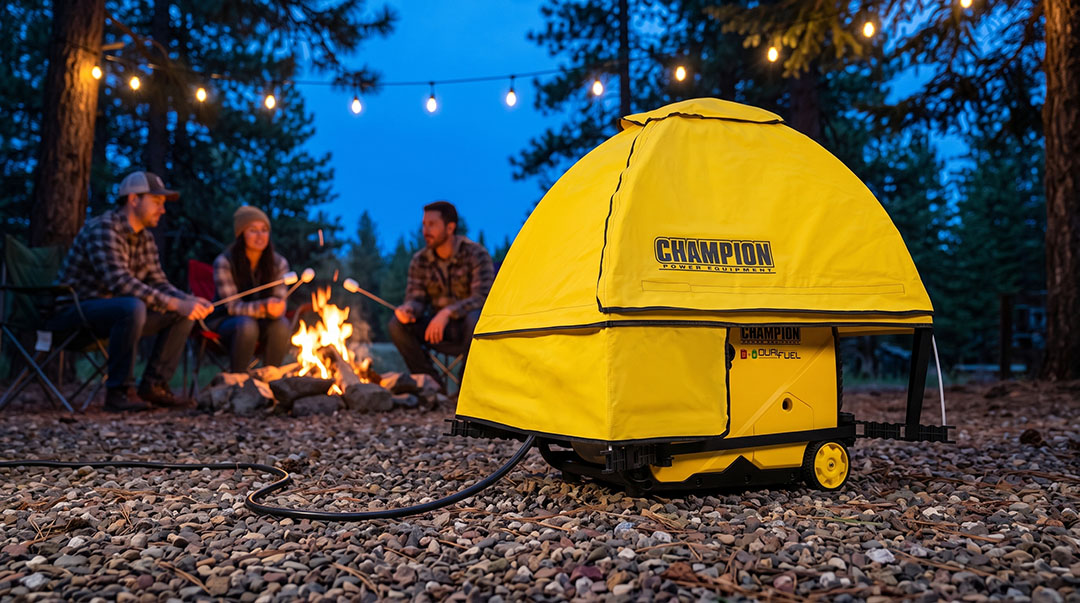 A Champion Power Equipment inverter generator covered by a Champion Storm Shield portable generator running cover powering string lights at a wooded campsite.