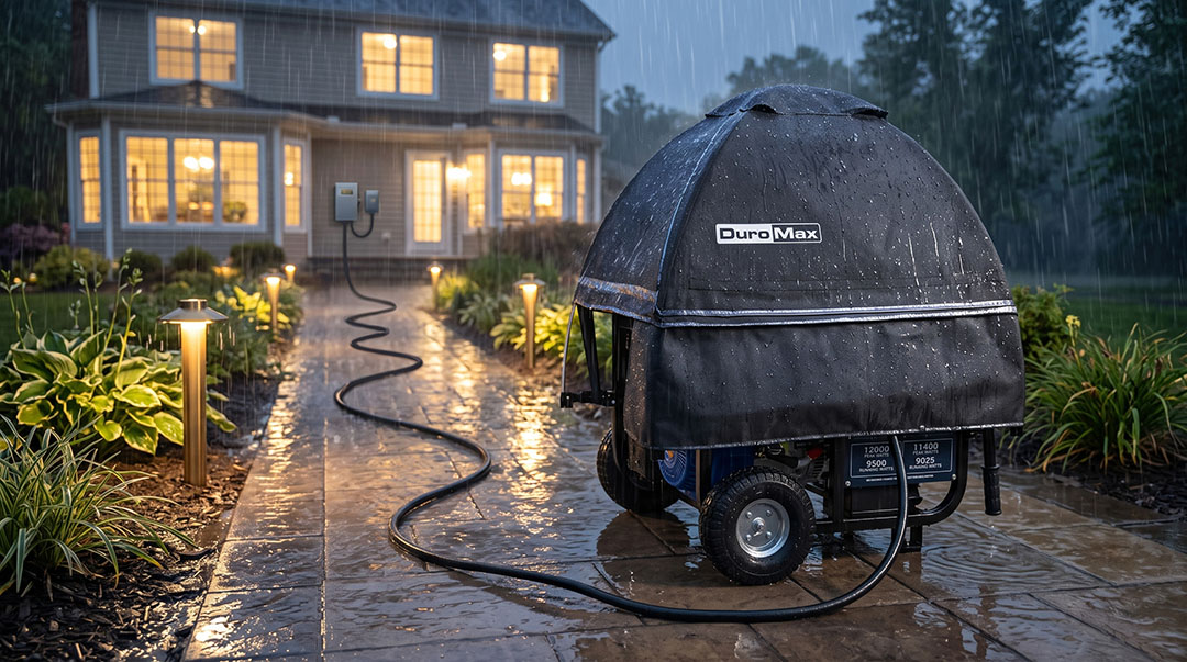 A DuroMax portable generator covered by a DuroMax portable generator running cover powering a suburban home during a heavy rainstorm.