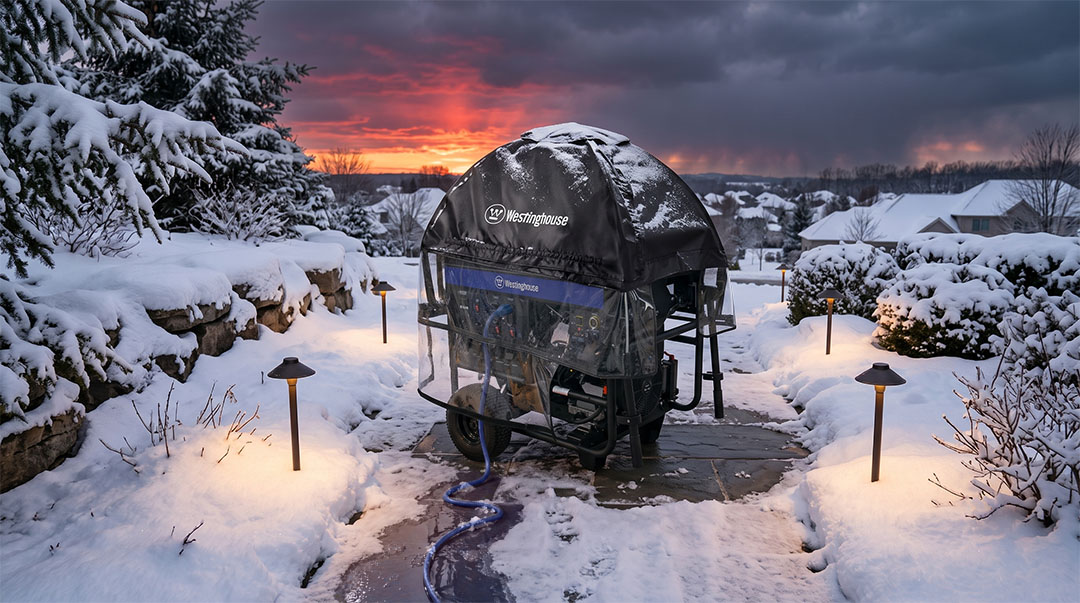 A Westinghouse portable generator covered by an XL sized portable generator running cover overlooking a suburban neighborhood after a heavy snowstorm.