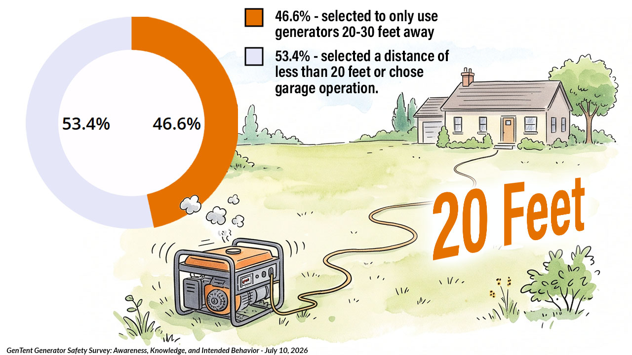 Illustration showing a portable generator placed 20 feet away from the home with exhaust directed away. An embedded chart indicates that 46.6% of survey respondents indicated they should use their generators 20-30 feet away from a building.