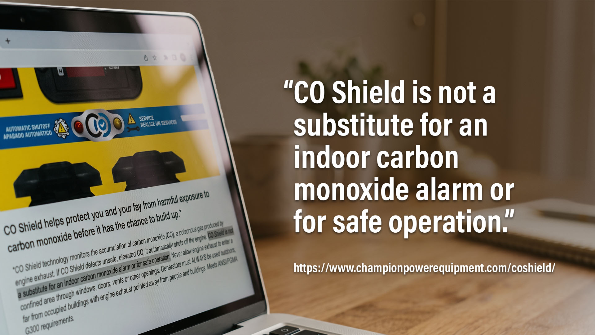 Champion CO Shield safety disclaimer explaining CO shutoff is not a substitute for safe generator operation