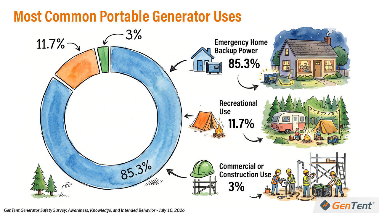Survey graphic showing emergency home backup as the most common portable generator use case