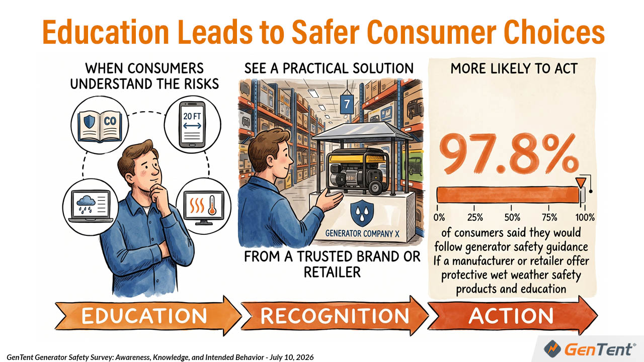Survey graphic showing that education and trusted safety products can influence safer generator decisions