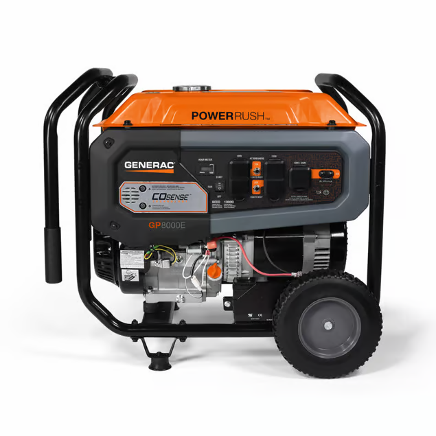 Generac GP8000E portable generator with CO-SENSE carbon monoxide shutdown sensor shown as a Generac generator rain cover and safe outdoor generator running cover fit reference