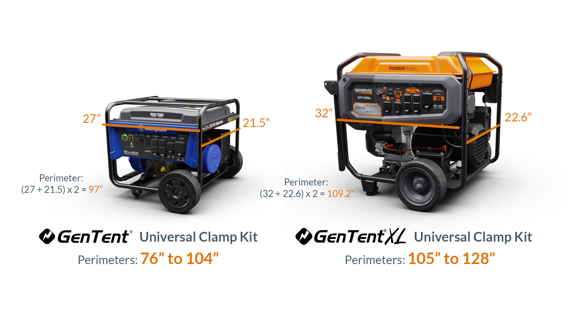 GenTent Universal Clamp and XL Universal Clamp generator size chart for open frame portable generators