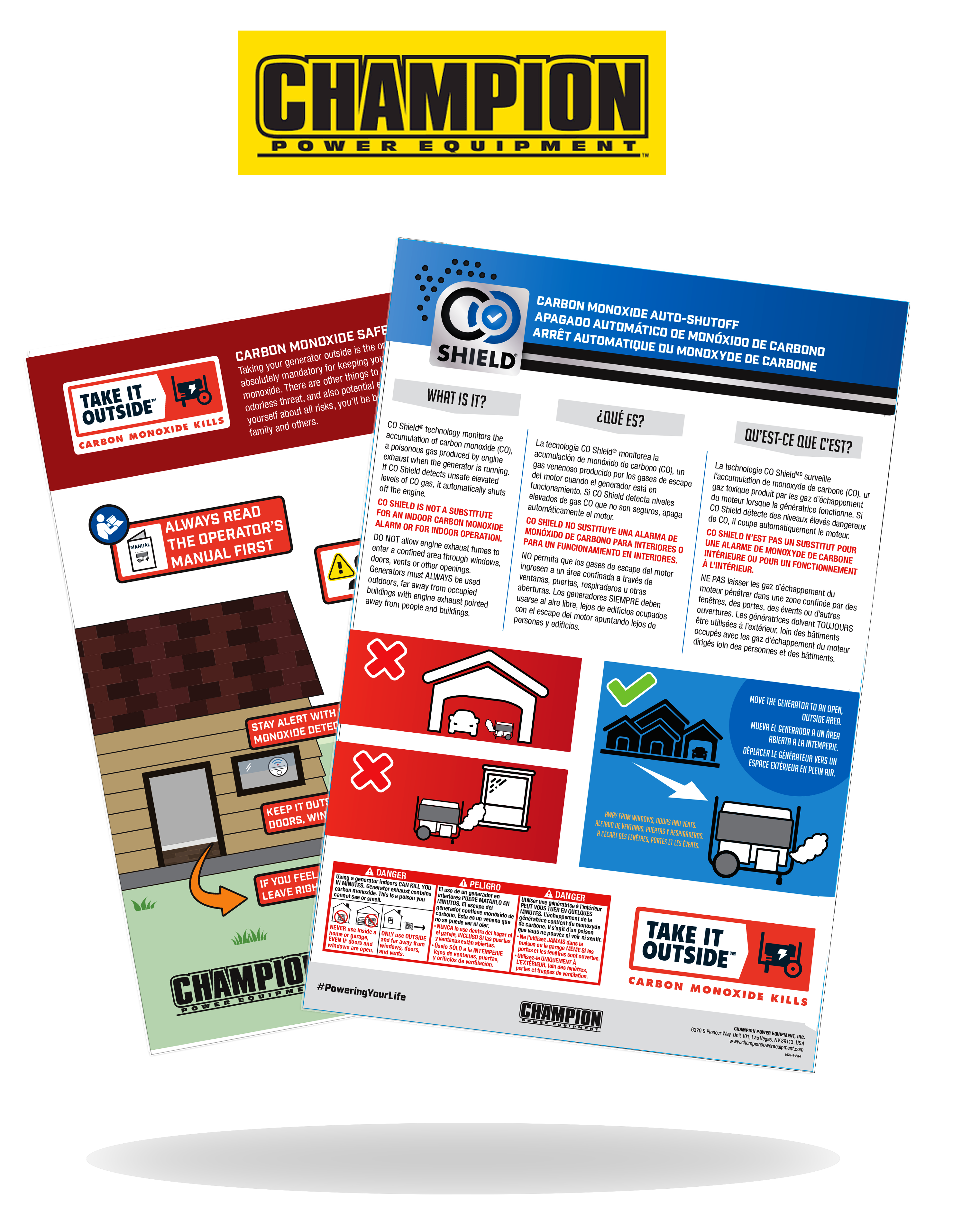 Champion Power Equipment portable generator safety guidance featuring CO Shield carbon monoxide safety and PGMA Take It Outside generator safety messaging