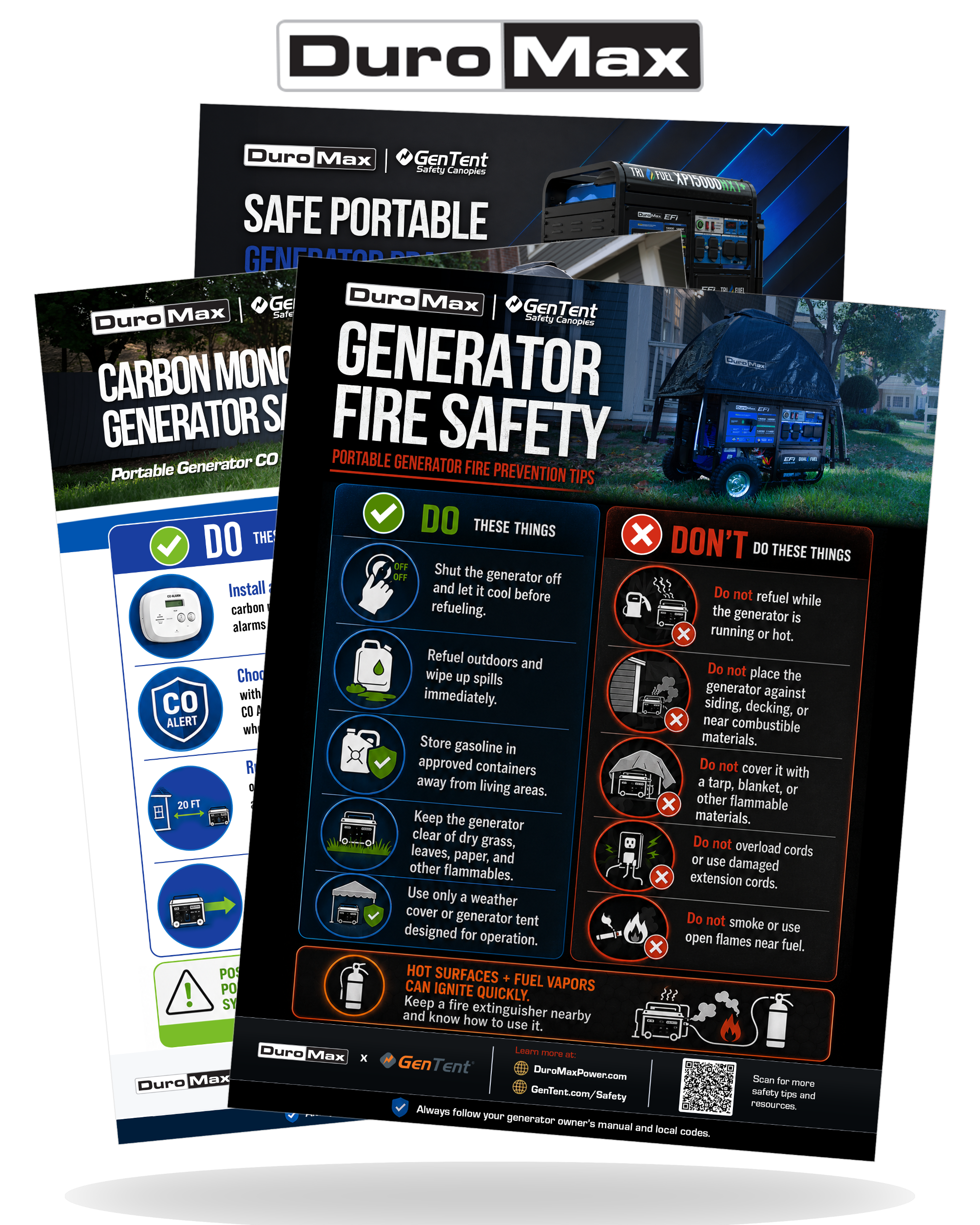 DuroMax and GenTent portable generator safety flyers covering carbon monoxide safety, generator fire safety, outdoor generator placement, and safe generator operation
