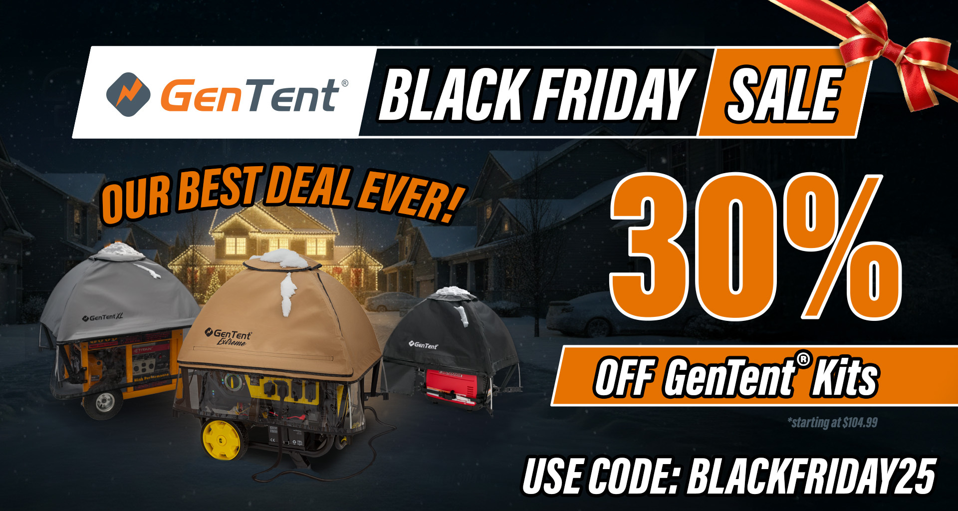 Black Friday Sale 2025—GenTent weatherproof generator cover keeping a portable generator running safely outdoors in heavy rain and snow.