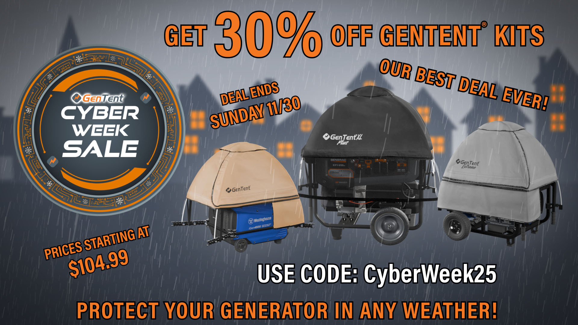 Cyber Week Sale 2025—GenTent weatherproof generator cover keeping a portable generator running safely outdoors in heavy rain and snow.