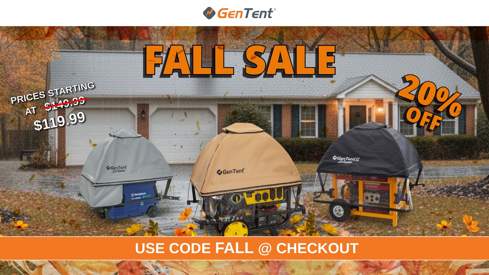 Fall Sale 2025—GenTent weatherproof generator cover keeping a portable generator running safely outdoors in heavy rain and snow.