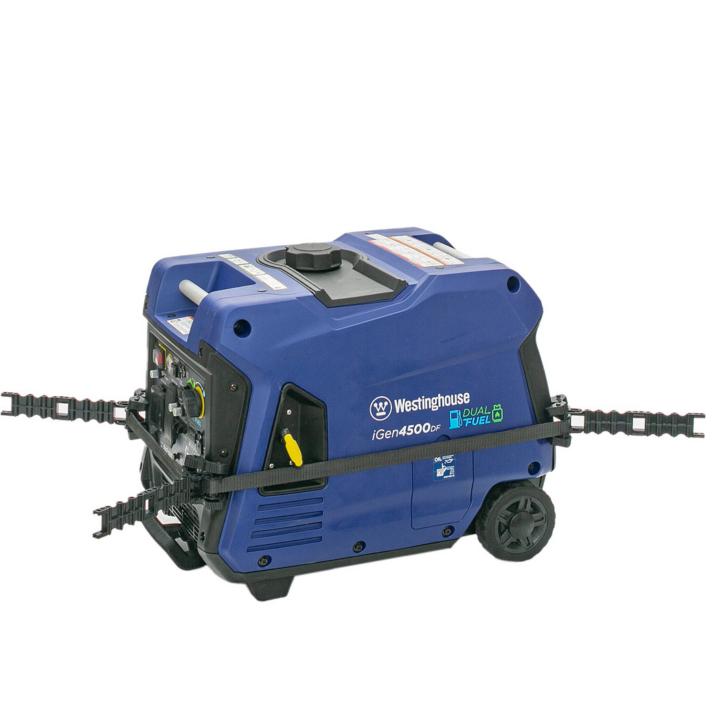 GenTent inverter generator strap mounting system installed on fully encased inverter generator