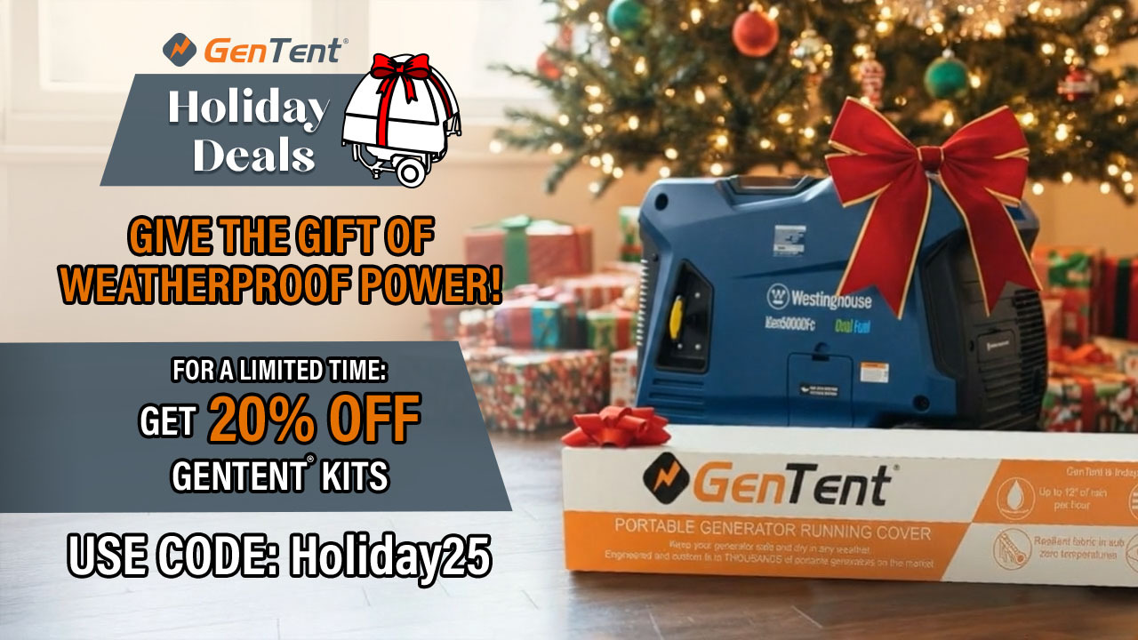 Holiday Sale 2025—GenTent weatherproof generator cover keeping a portable generator running safely outdoors in heavy rain and snow.