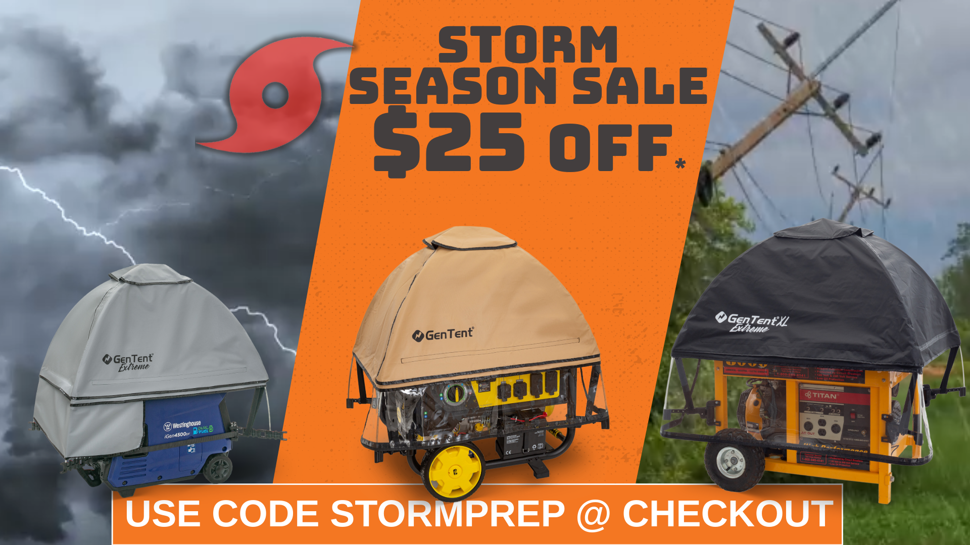 Storm Season 2025—GenTent weatherproof generator cover keeping a portable generator running safely outdoors in heavy rain.