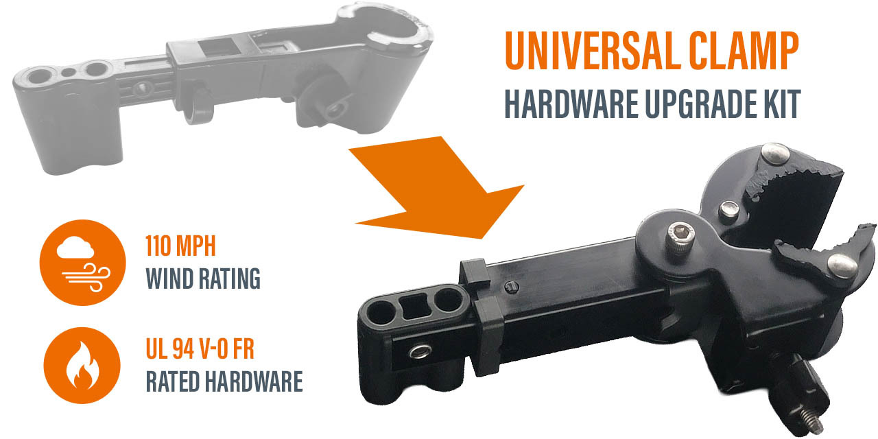 Universal Clamp Hardware Upgrade Kit with 110 MPH wind rating and UL 94 V-0 FR rated hardware