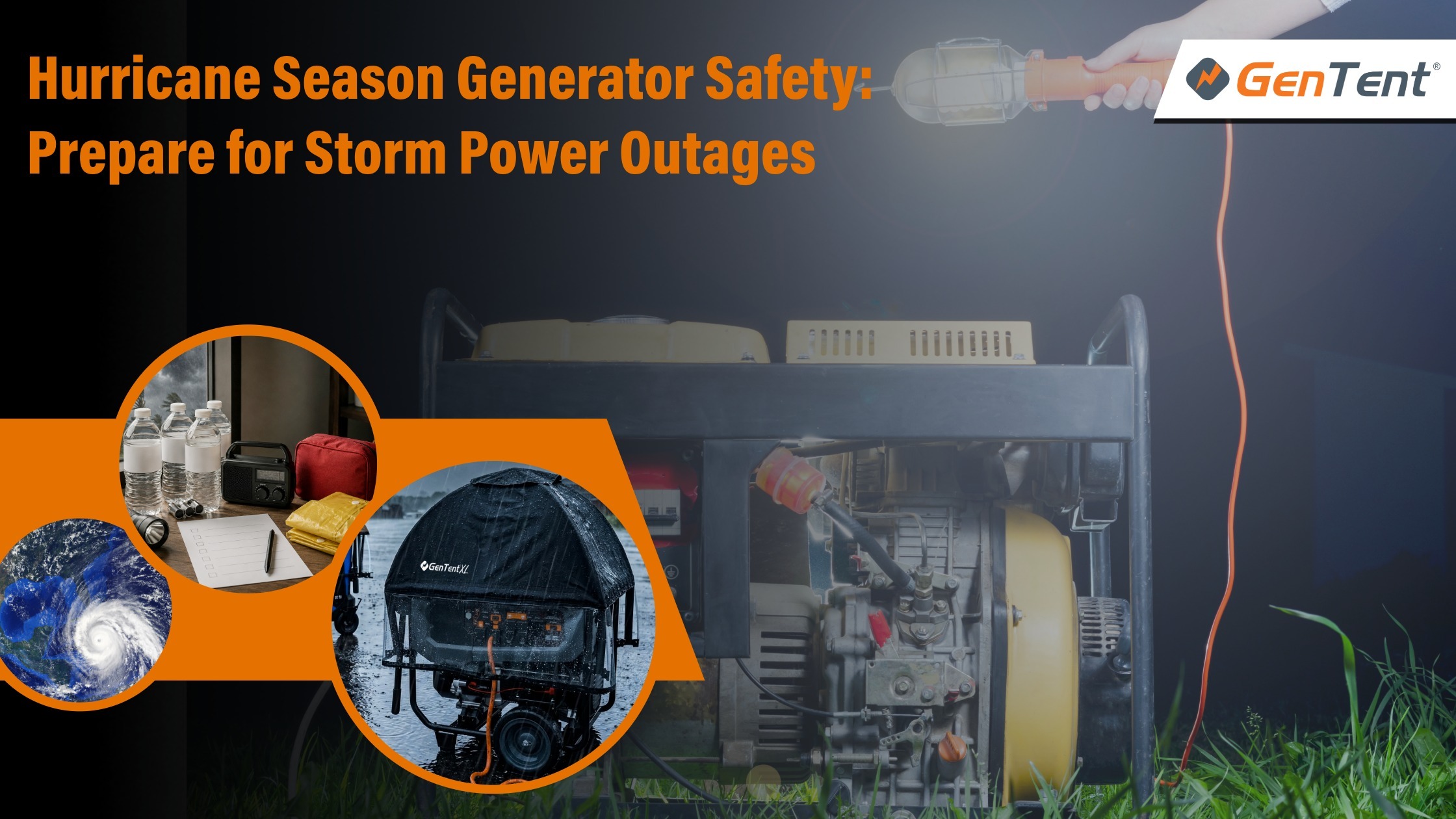 Hurricane Season Generator Safety blog image showing a GenTent-covered generator, storm forecast, emergency supplies, and a hand lamp